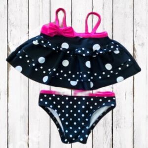 Circo Infant Girls Swimsuit Two Piece Black White Polka Dot Pink Accent Size 9 M